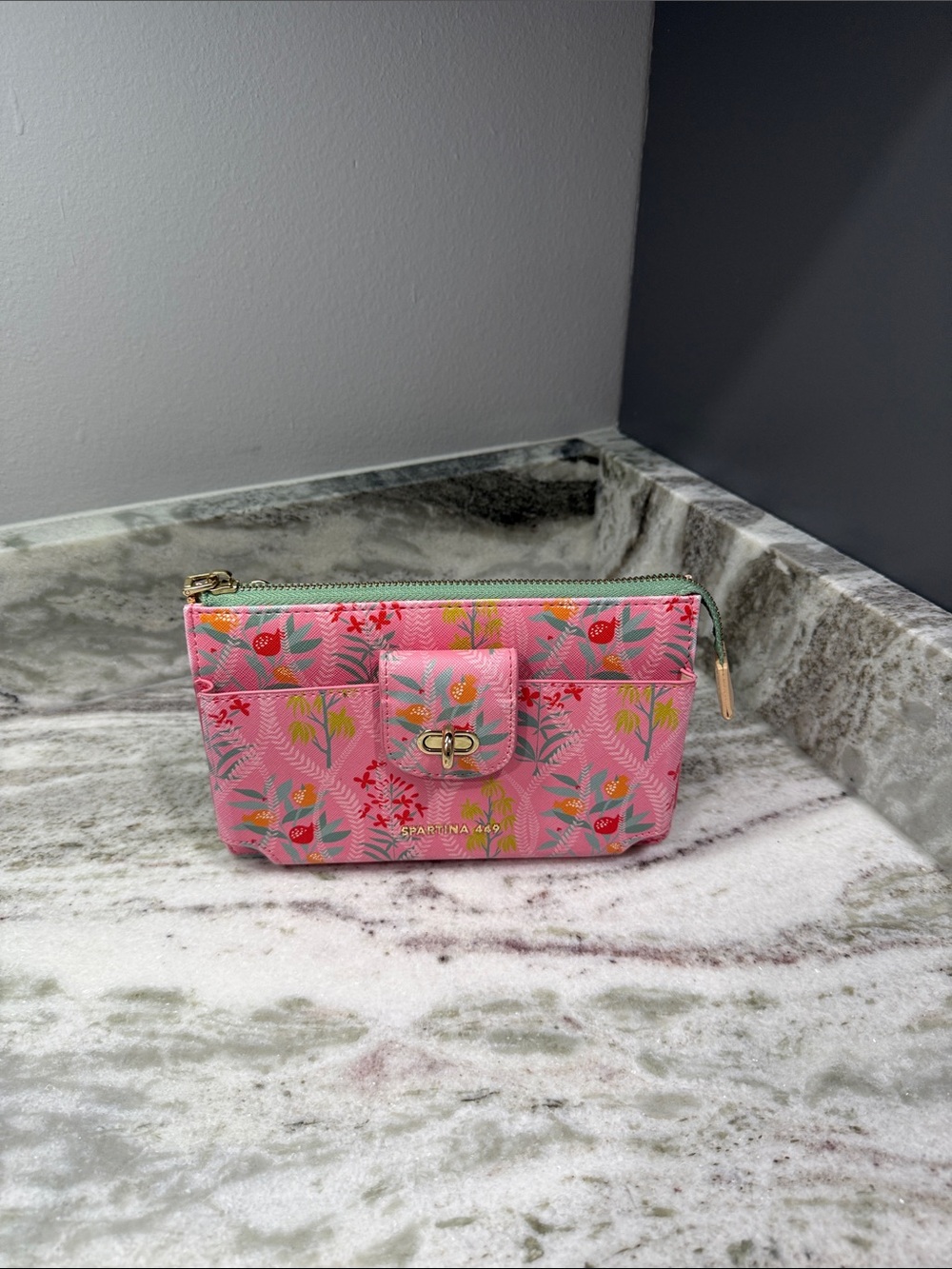 Spartina 449 Pink Floral Zip Card Case with Green Trim
